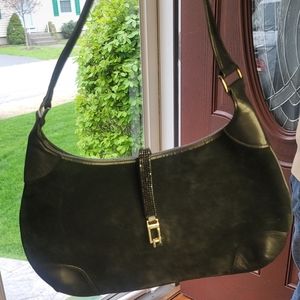 Vintage Swarovski black suede shoulder bag. Features a Swarovski crystal stones